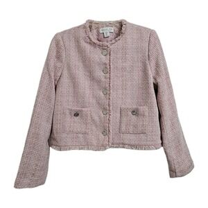 Rachel Zoe Jacket Womens L Pink Tweed Cropped Frayed Trim Button Up Blazer NWT